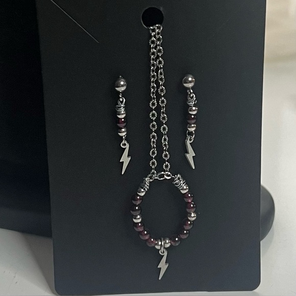 Handmade Jewelry - Natural Garnet Bead w Zinger Charm Necklace and Earring Set Handcrafted